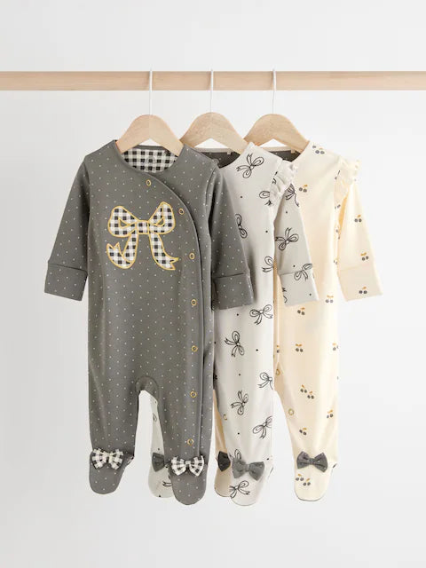 Grey Bow Baby Sleepsuits 3 Pack