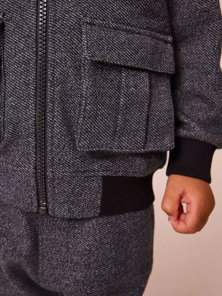 Charcoal Grey 2 Piece Jersey Textured Bomber Jacket and Joggers Set