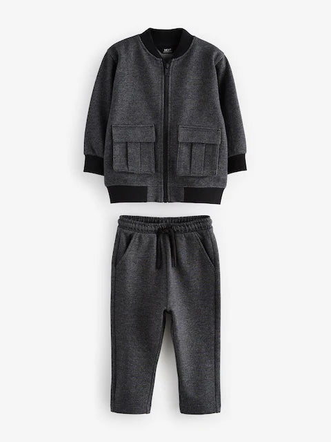 Charcoal Grey 2 Piece Jersey Textured Bomber Jacket and Joggers Set
