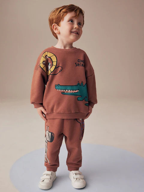 Rust Brown Safari Animals Oversized Printed Sweatshirt and Joggers Set