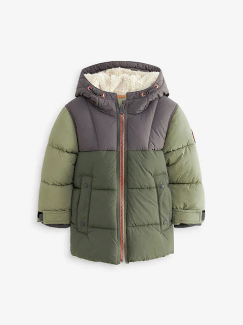 Green Colourblock Borg Fleece Lined Hooded Padded Coat