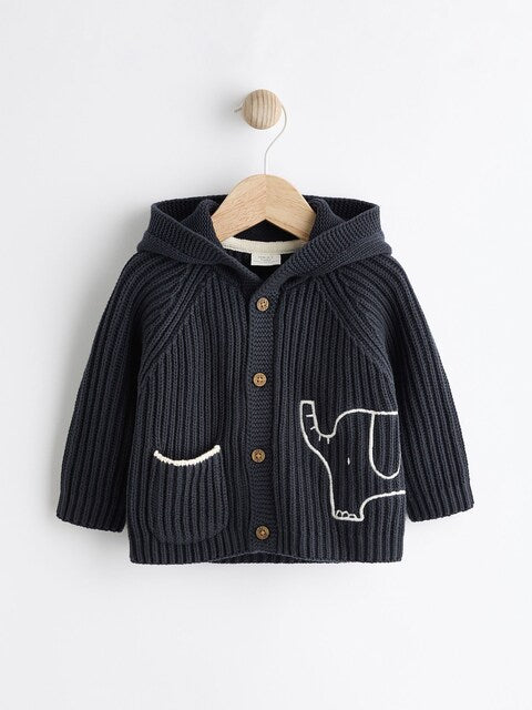 Navy Elephant Embroidered Knitted Cardigan