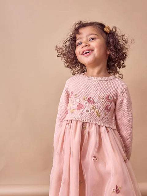 Pink 2-in-1 Occasion Long Sleeve Knitted Jumper Dress
