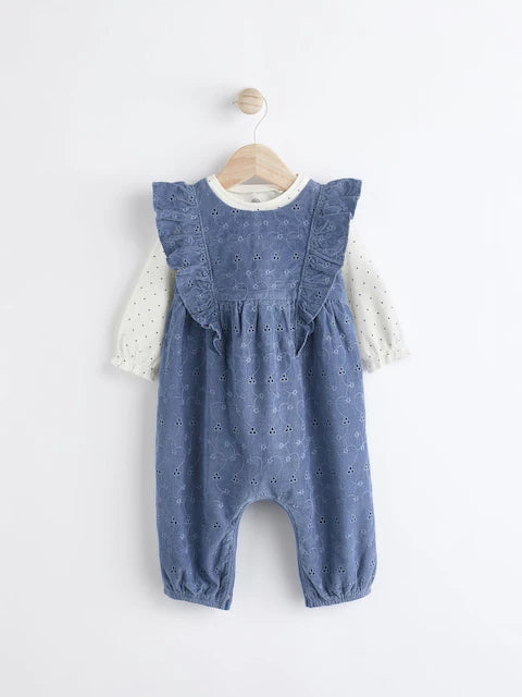 Navy Blue Broderie Baby Corduroy 100% Cotton Dungarees and Long Sleeve