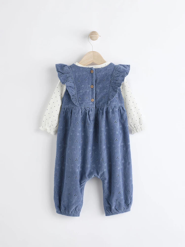 Navy Blue Broderie Baby Corduroy 100% Cotton Dungarees and Long Sleeve