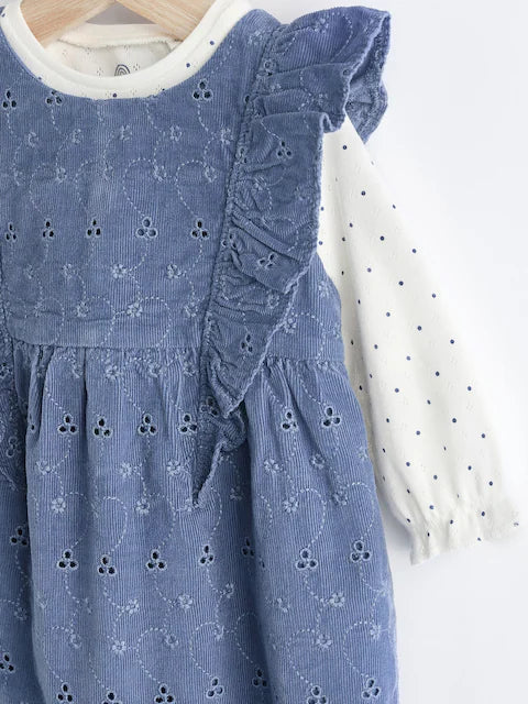 Navy Blue Broderie Baby Corduroy 100% Cotton Dungarees and Long Sleeve