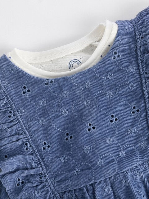 Navy Blue Broderie Baby Corduroy 100% Cotton Dungarees and Long Sleeve