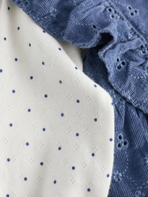 Navy Blue Broderie Baby Corduroy 100% Cotton Dungarees and Long Sleeve