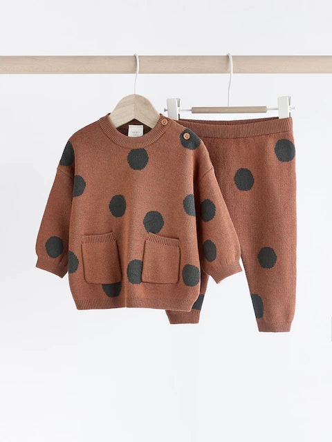 Tan Brown Spot Baby Knitted Jumper and Leggings Set