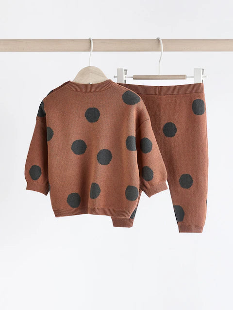 Tan Brown Spot Baby Knitted Jumper and Leggings Set