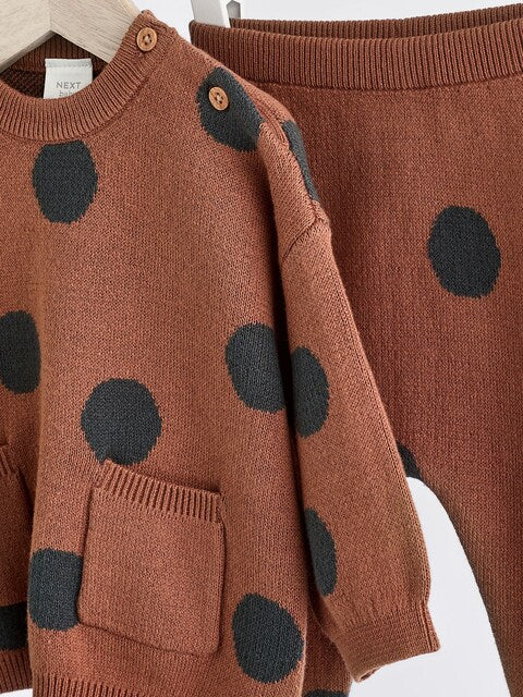 Tan Brown Spot Baby Knitted Jumper and Leggings Set
