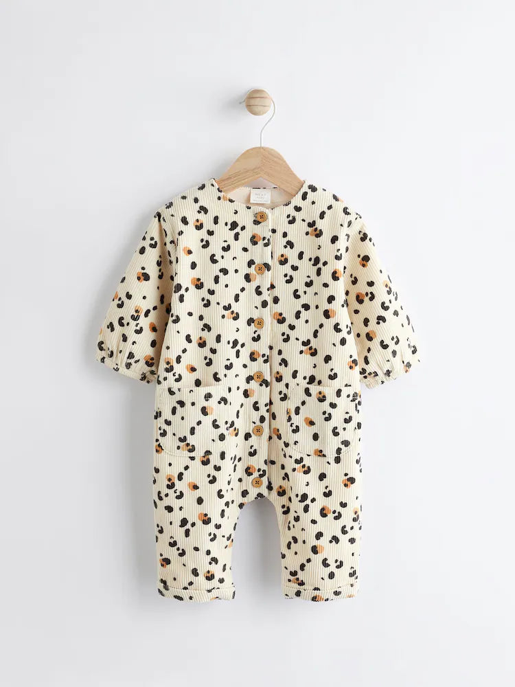 Cream/ Tan Brown Leopard Print Baby Corduroy Romper