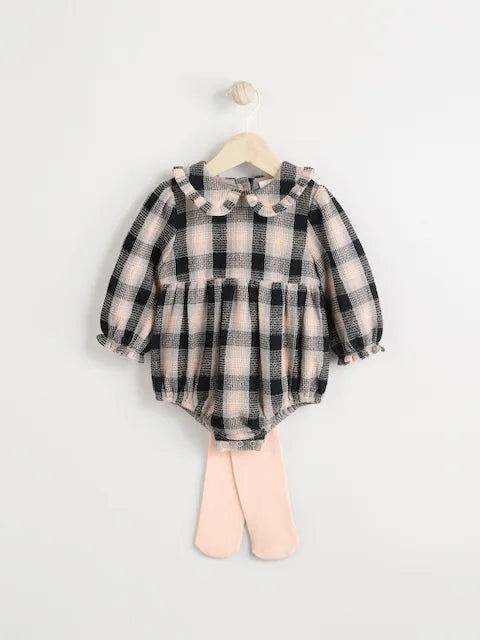 Grey/White Check Baby Bloomer Romper with Tights Set