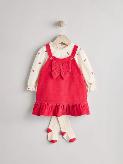 Red 3D Bow Baby Corduroy Pinafore Dress With Tights