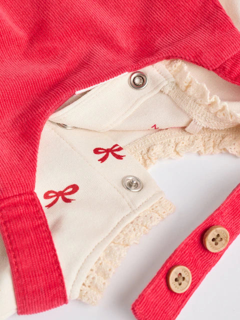 Red 3D Bow Baby Corduroy Pinafore Dress With Tights