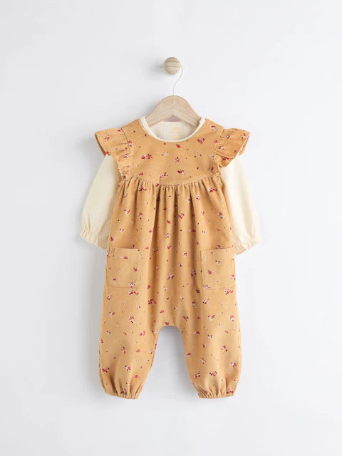 Ochre Yellow Ditsy Floral Baby Corduroy 100% Cotton Dungarees and Long Sleeve