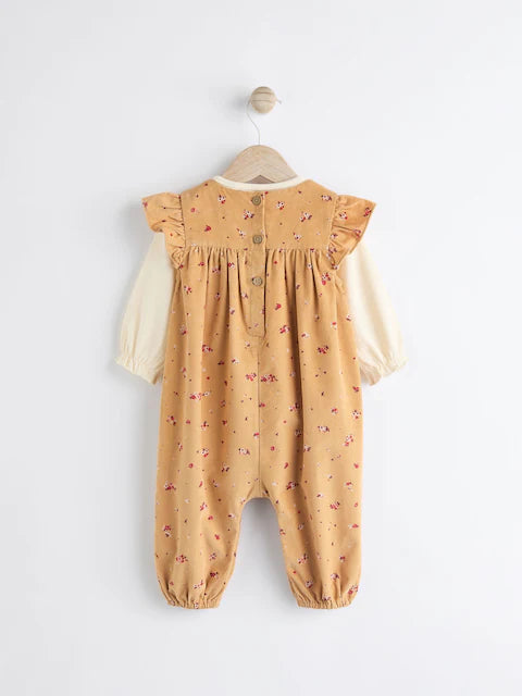 Ochre Yellow Ditsy Floral Baby Corduroy 100% Cotton Dungarees and Long Sleeve