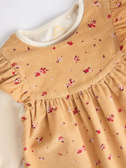 Ochre Yellow Ditsy Floral Baby Corduroy 100% Cotton Dungarees and Long Sleeve