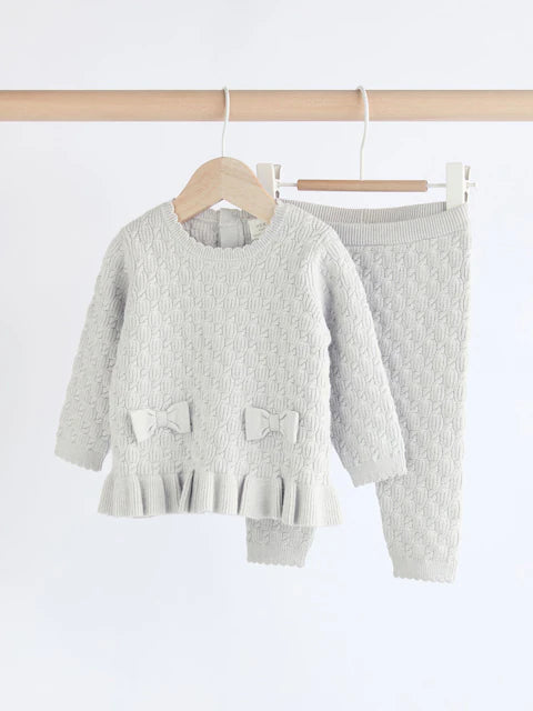 Grey 3D Bows Baby Knitted Jumper And Leggings Set