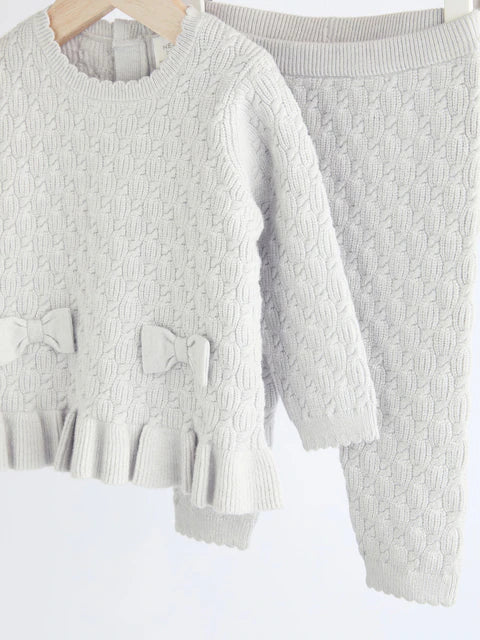 Grey 3D Bows Baby Knitted Jumper And Leggings Set