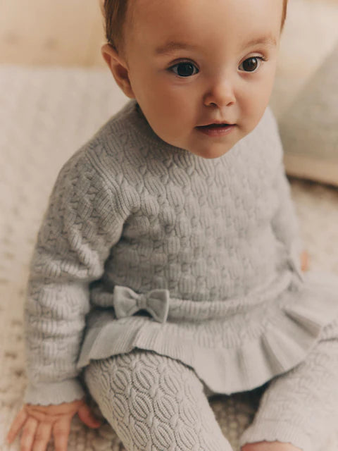 Grey 3D Bows Baby Knitted Jumper And Leggings Set