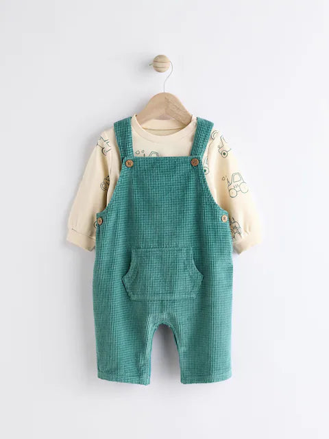 Green Farm Baby Waffle Corduroy Dungaree and Bodysuit Set