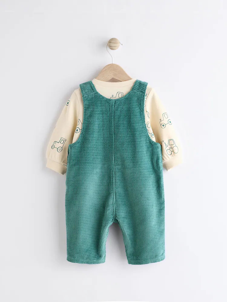 Green Farm Baby Waffle Corduroy Dungaree and Bodysuit Set