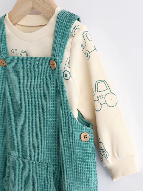 Green Farm Baby Waffle Corduroy Dungaree and Bodysuit Set