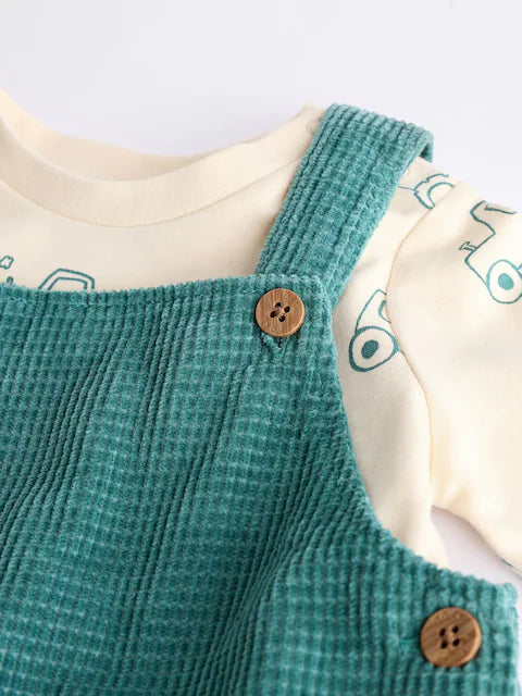 Green Farm Baby Waffle Corduroy Dungaree and Bodysuit Set