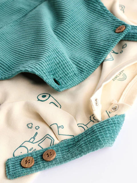 Green Farm Baby Waffle Corduroy Dungaree and Bodysuit Set
