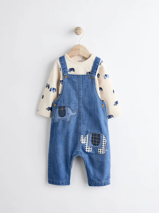 Blue Elephant Baby Denim Dungarees and Bodysuit Set