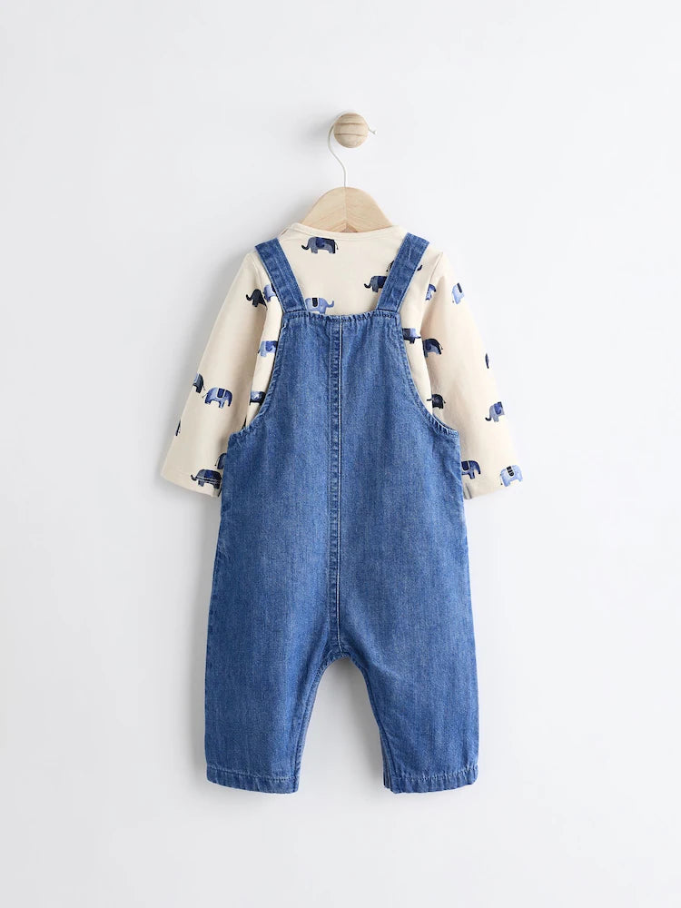 Blue Elephant Baby Denim Dungarees and Bodysuit Set