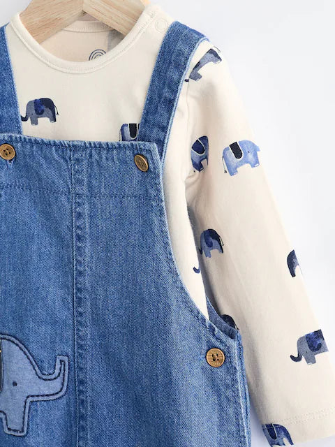 Blue Elephant Baby Denim Dungarees and Bodysuit Set