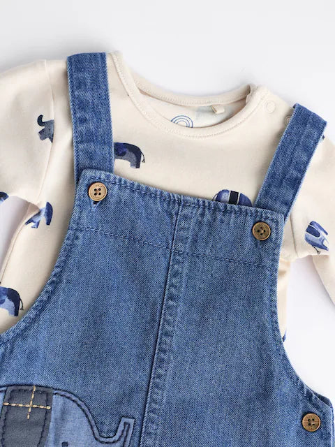 Blue Elephant Baby Denim Dungarees and Bodysuit Set