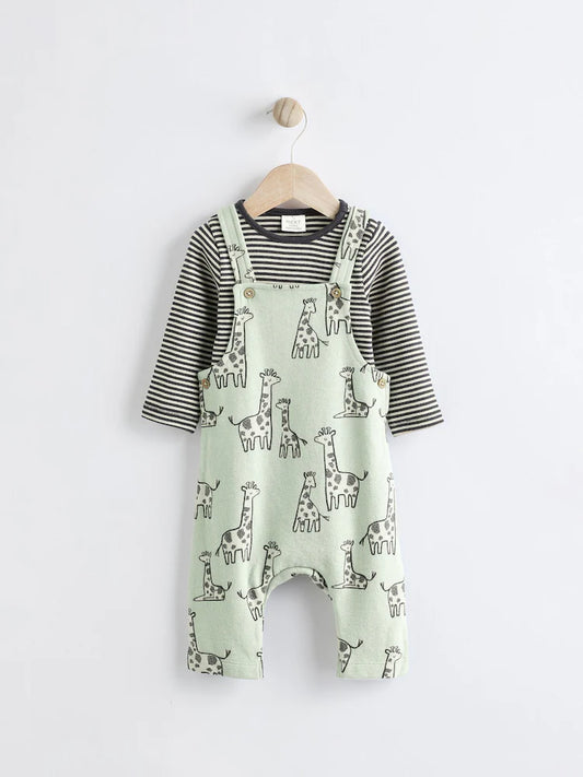Sage Green Giraffe Jersey Baby Dungarees And Bodysuit Set
