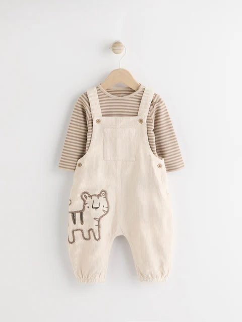Neutral Tiger Cord Dungarees and Bodysuit Set