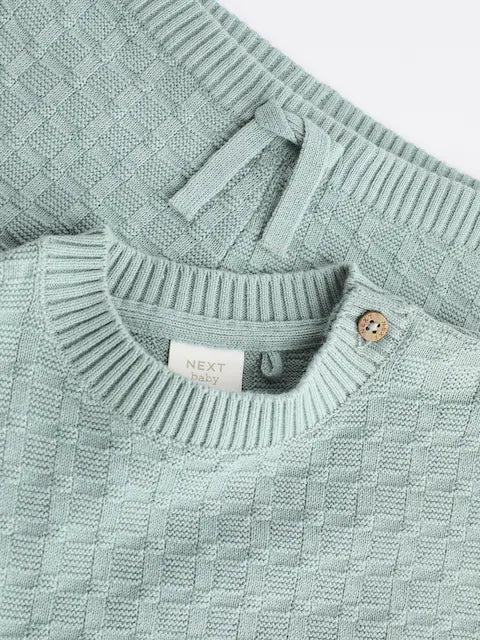 Mineral Blue Baby Textured Knit 100% Cotton Top and Leggings Set