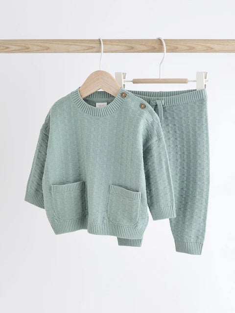 Mineral Blue Baby Textured Knit 100% Cotton Top and Leggings Set