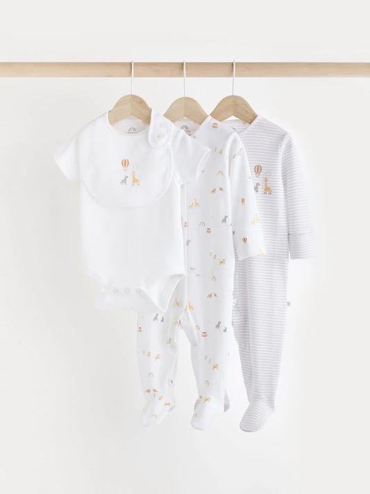 White Cotton 5 Pcs set Sleepsuits, Bodysuit, Bib, Cap.