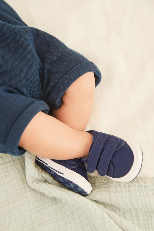 Navy Blue Tape Two Strap Baby Pram Shoes.